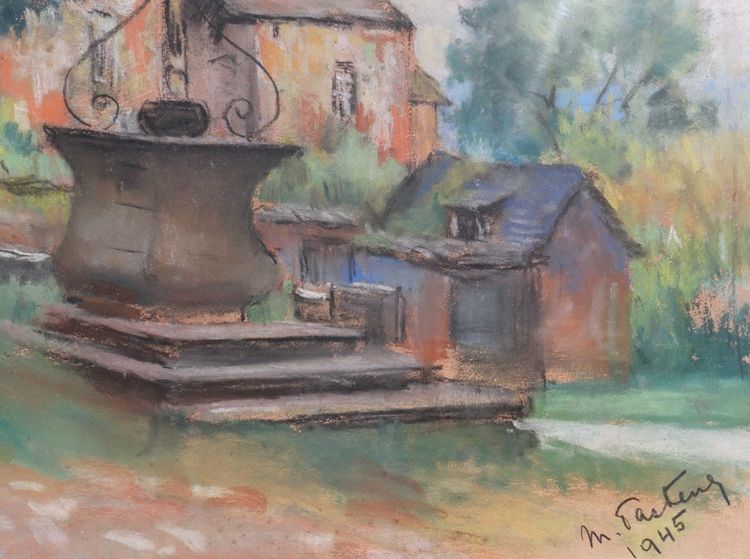 Marthe PASTEUR, Vue de village avec une croix en fer forgé