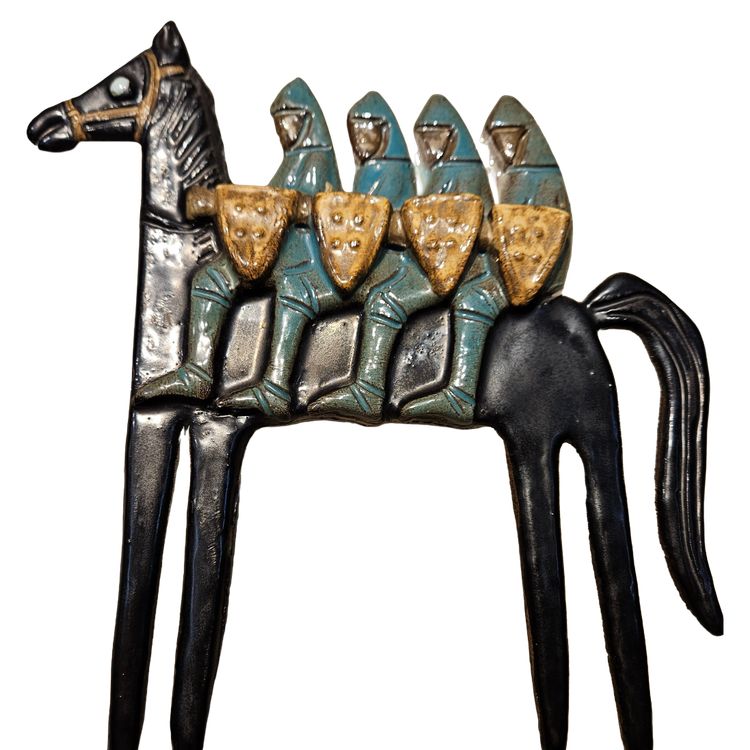Plaque en céramique émaillée  de Odette DIJEUX  "Le Cheval-Fée  Bayard"  vers 1950 