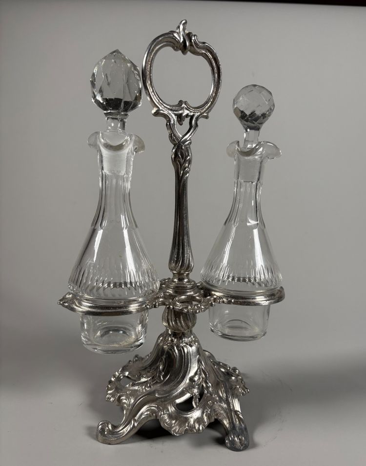 19th century silvered bronze rocaille oil and vinegar set with cut crystal
