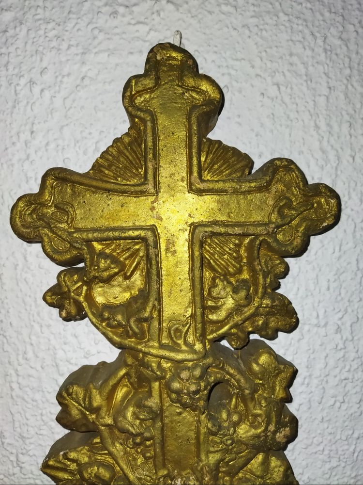 CRUCIFIX Mural Ancien Ornement Religieux Plâtre doré XIX