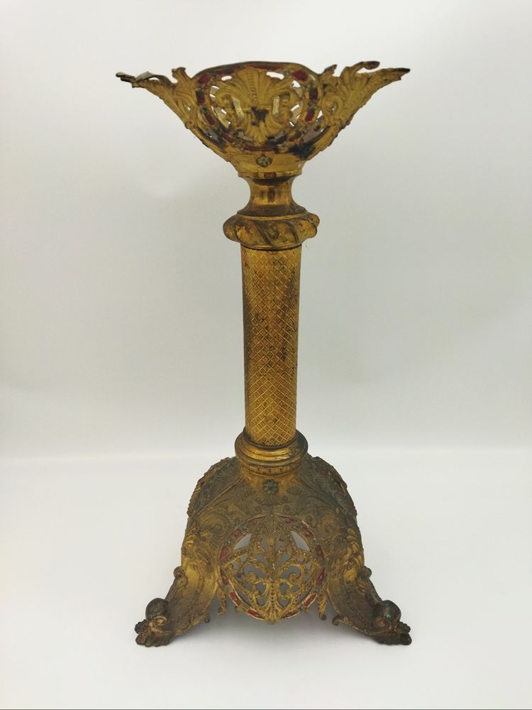 PIQUE CIERGE Ancien Objet liturgique Dévotion Culte Bronze doré Polychrome