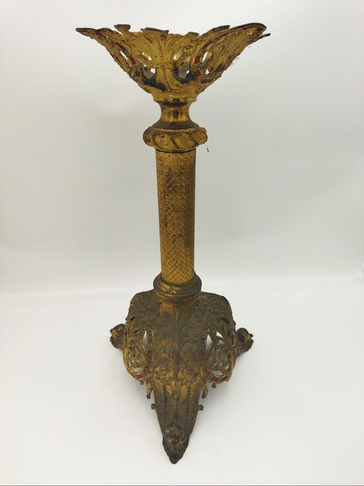 PIQUE CIERGE Ancien Objet liturgique Dévotion Culte Bronze doré Polychrome
