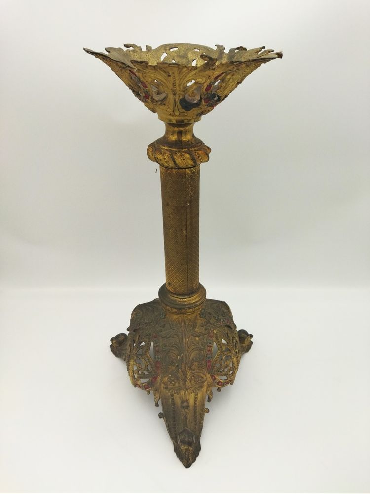 PIQUE CIERGE Ancien Objet liturgique Dévotion Culte Bronze doré Polychrome