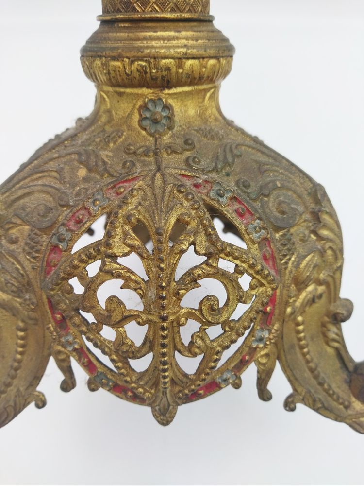 PIQUE CIERGE Ancien Objet liturgique Dévotion Culte Bronze doré Polychrome