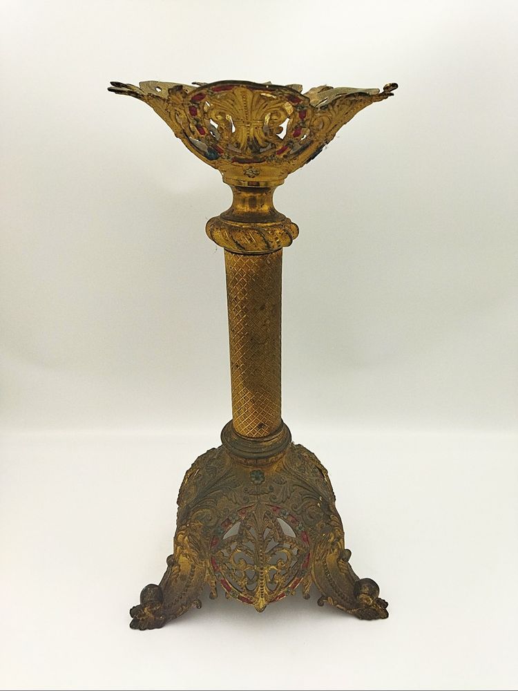 PIQUE CIERGE Ancien Objet liturgique Dévotion Culte Bronze doré Polychrome