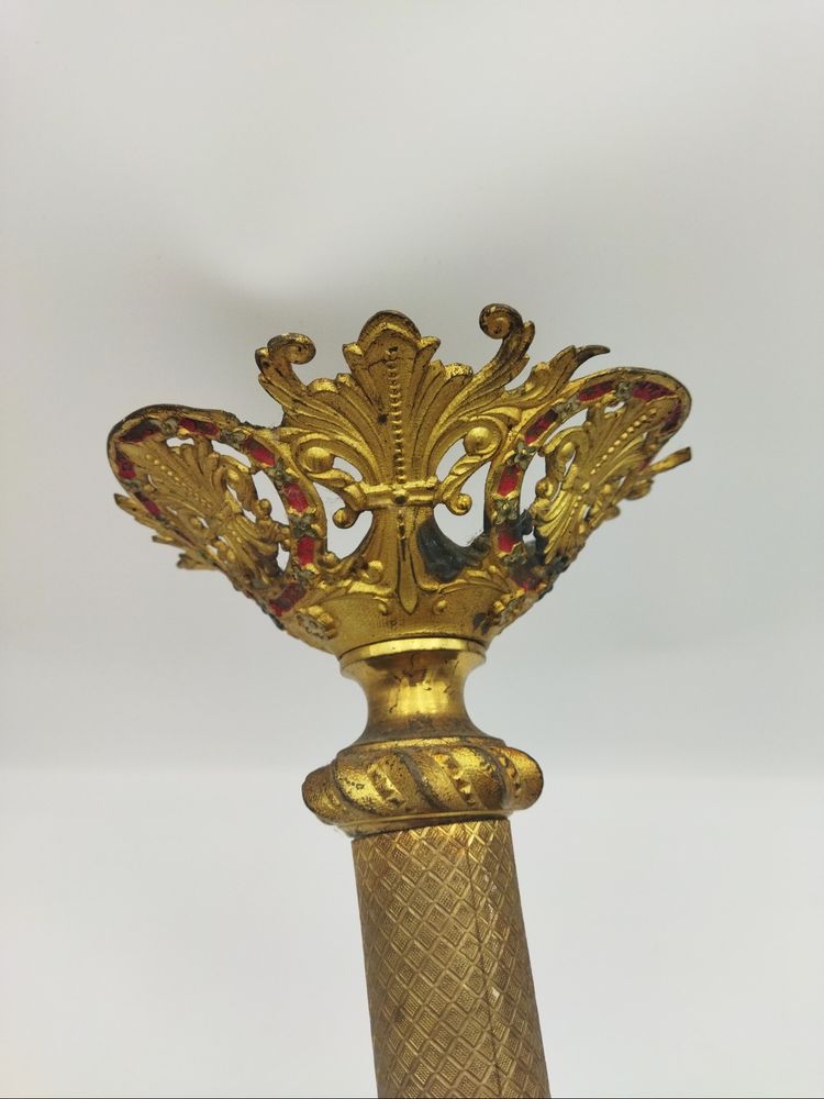 PIQUE CIERGE Ancien Objet liturgique Dévotion Culte Bronze doré Polychrome