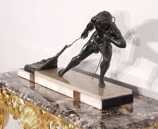 Importante Sculpture en Régule « Le Pêcheur », de J. De Roncourt, Art Déco – 1930