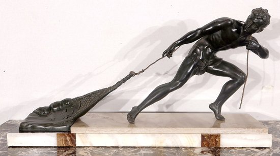 Importante Sculpture en Régule « Le Pêcheur », de J. De Roncourt, Art Déco – 1930