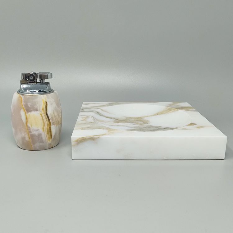 1960s Mid-Century Modern Italian Onyx Smoking Set with Table Lighter & Ashtray