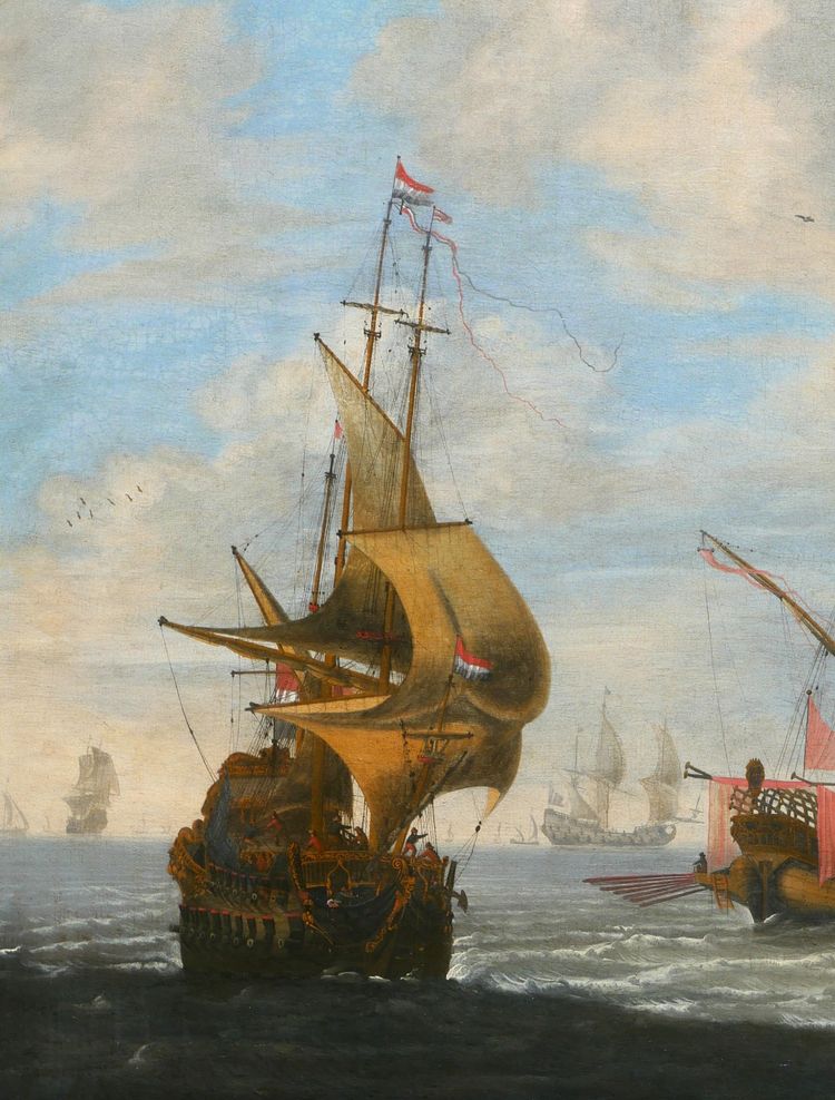 Jan Jacobsz van der Croos 1654/55-1712 Barche in mare, dipinto di grandi dimensioni, marina Paesi Bassi Gibilterra
