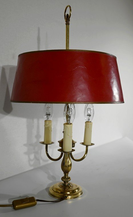 Lampada Bouillotte in Ottone con Paralume Rosso, Stile Luigi XVI - XX