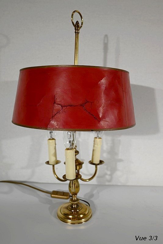 Lampada Bouillotte in Ottone con Paralume Rosso, Stile Luigi XVI - XX