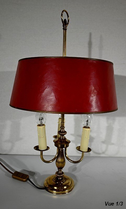 Lampada Bouillotte in Ottone con Paralume Rosso, Stile Luigi XVI - XX