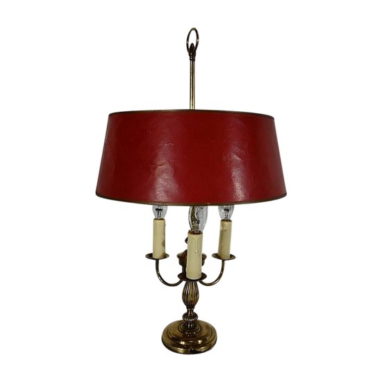 Lampada Bouillotte in Ottone con Paralume Rosso, Stile Luigi XVI - XX