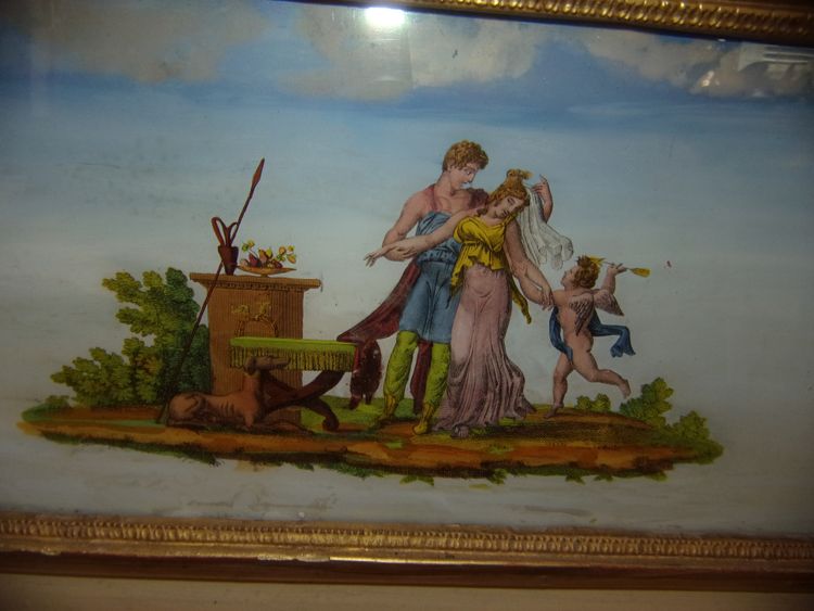 Allegorische Szene, vergoldetes und bemaltes Holztrumeau, 19. Jahrhundert.