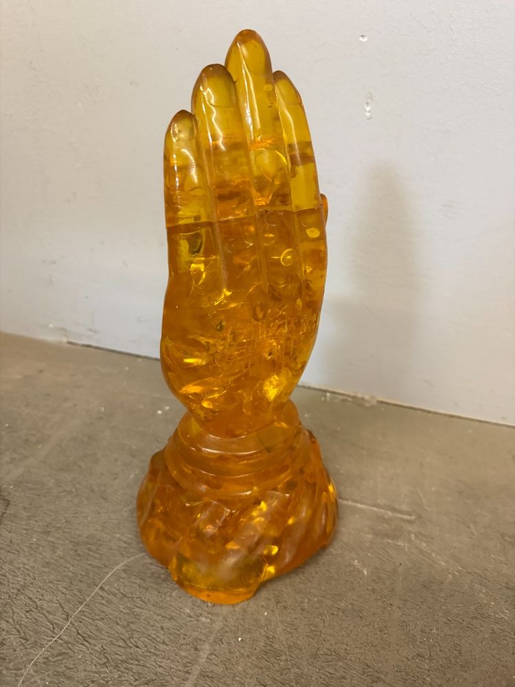 Vintage Chinese Amber Hand with Carved Buddha, 31x16 cm