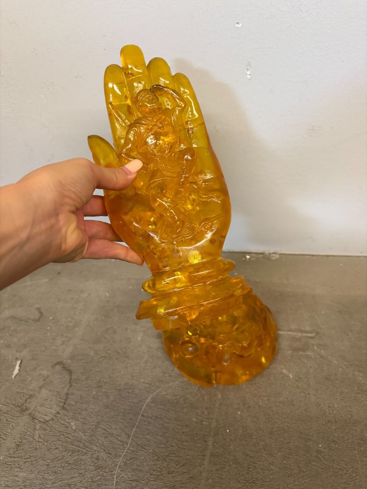 Vintage Chinese Amber Hand with Carved Buddha, 31x16 cm