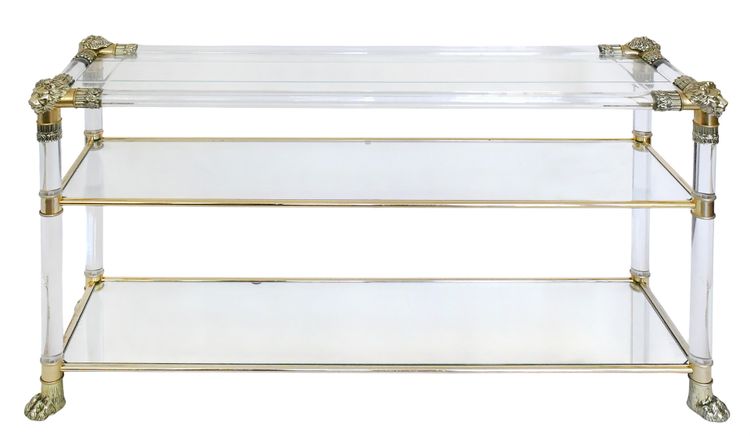 Console a tre ripiani in plexiglas in stile Hollywood Regency