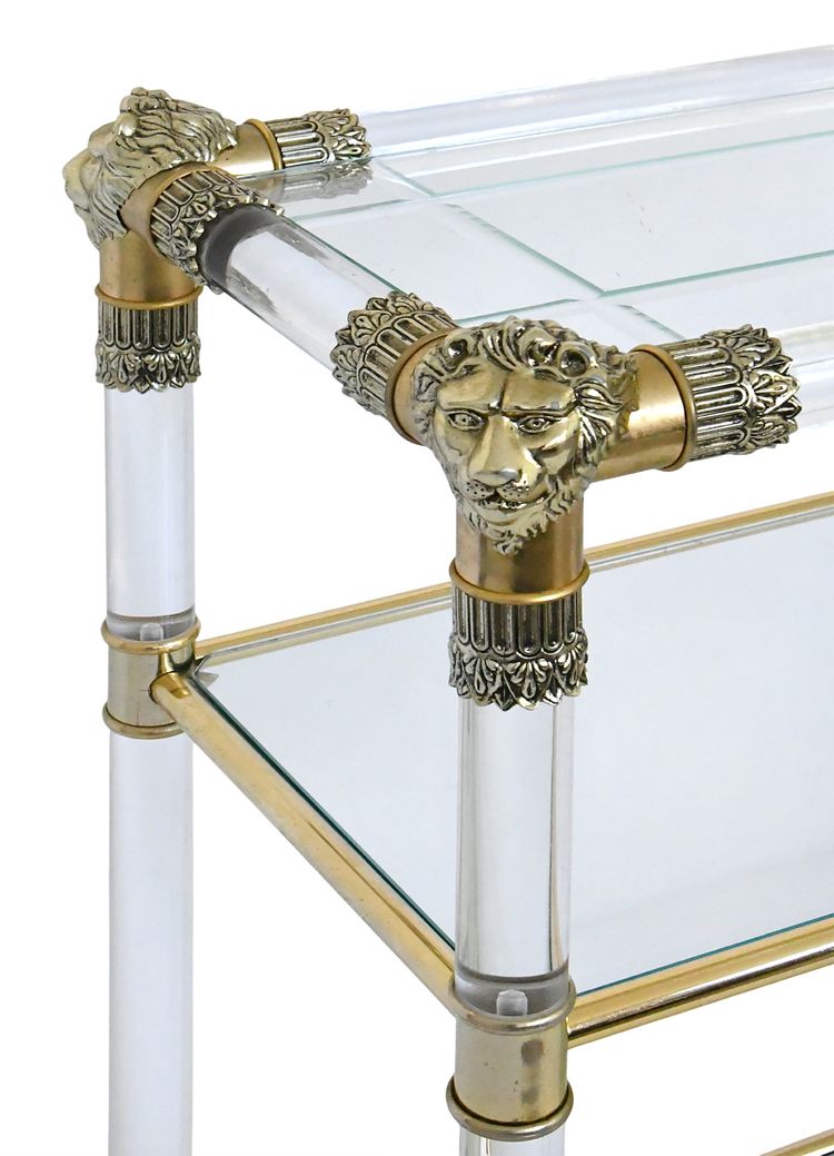 Console a tre ripiani in plexiglas in stile Hollywood Regency