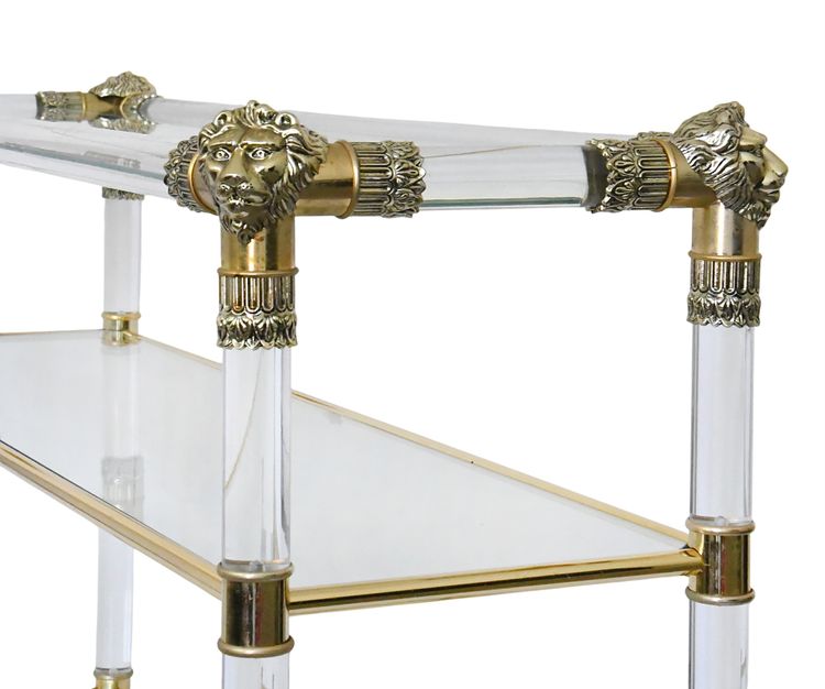 Console a tre ripiani in plexiglas in stile Hollywood Regency