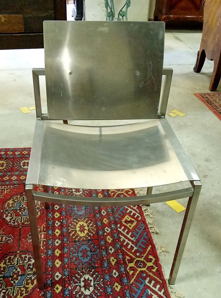 DESIGNER DINING SET IN BRUSHED STEEL – TABLE AND FOUR CHAIRS