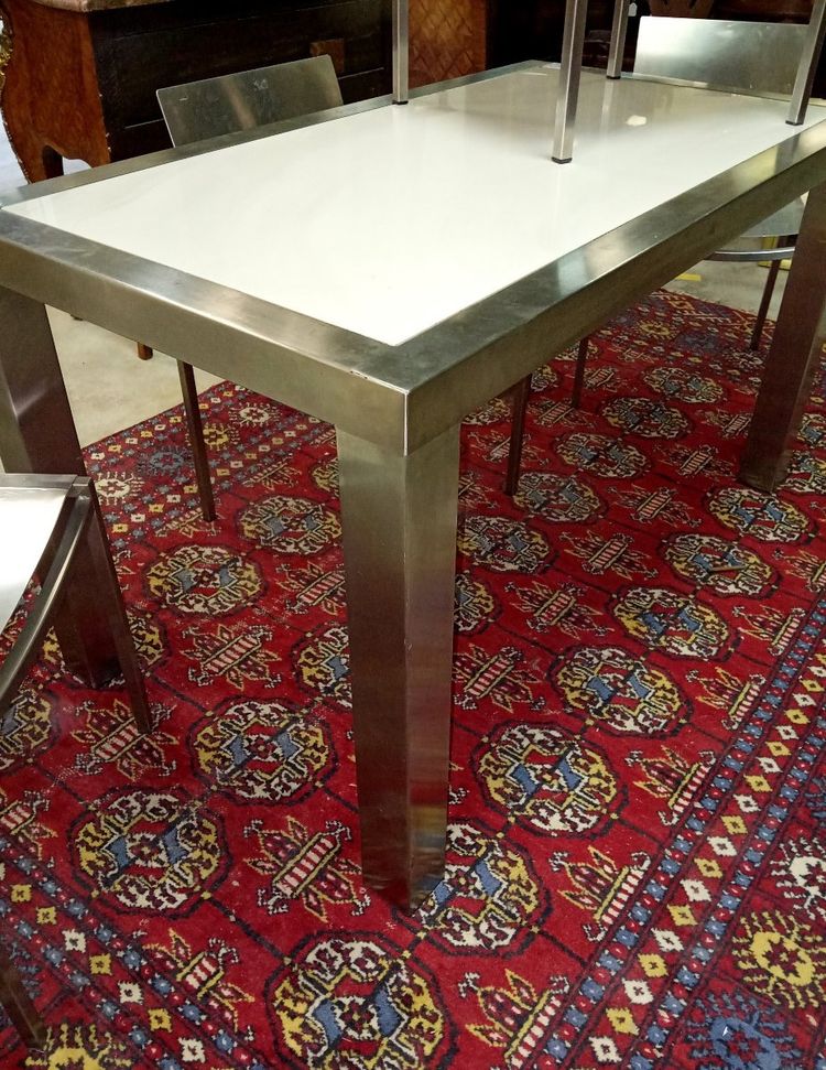 DESIGNER DINING SET IN BRUSHED STEEL – TABLE AND FOUR CHAIRS
