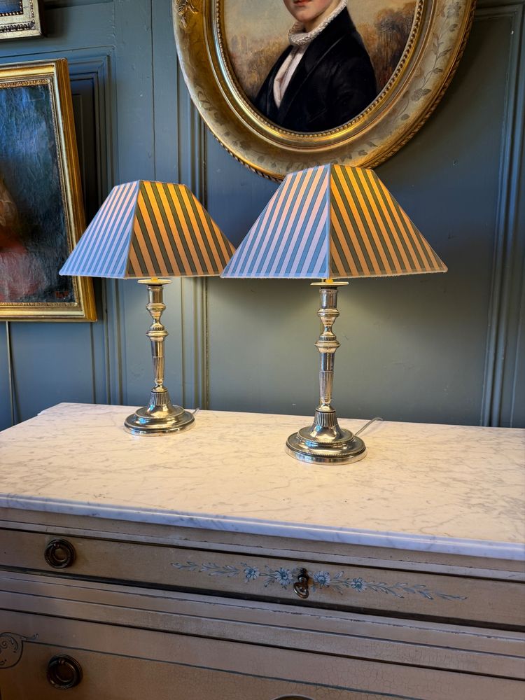 Pair of Directoire-style silver-plated bronze lamps, Height 44 cm