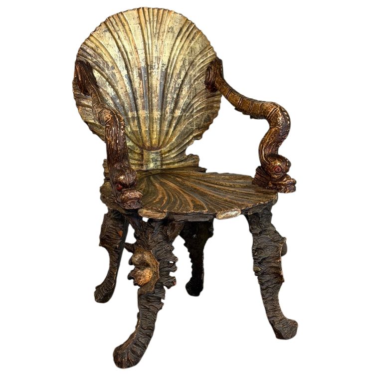 Fauteuil “Grotto” vénitien en bois sculpté polychromé, argenté et doré, vers 1890