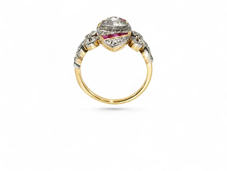 Art Nouveau Marquise Ring with Diamonds and Sapphires