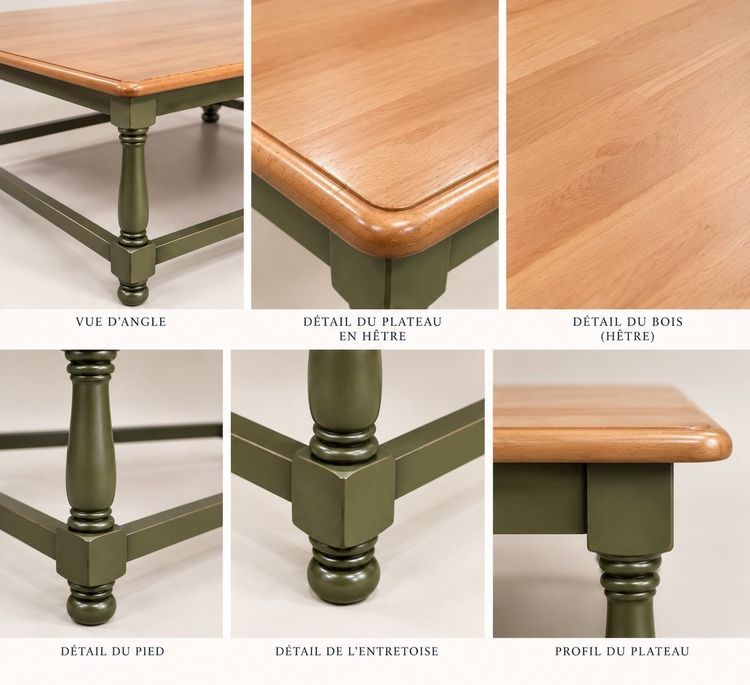 Louis XIII style coffee table – Solid beech – Two-tone khaki green