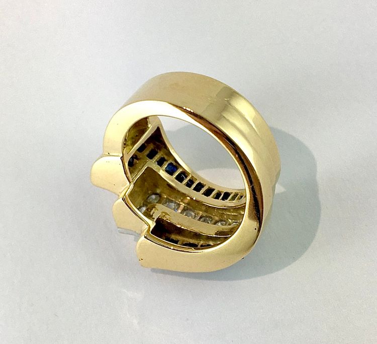 Tank Style Ring with Calibrated Sapphires and Diamonds on Yellow and White Gold