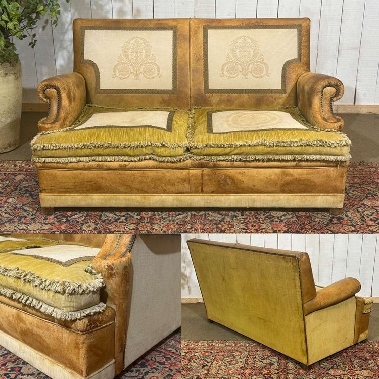 Clubsofa aus den 1930er Jahren, bezogen mit Leder und Stoff