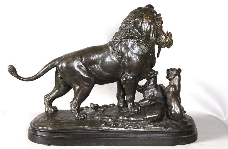 19th century bronze, signed: Edouard DELABRIERE, Lion, First Game