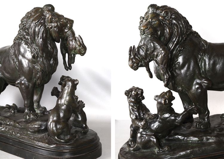 19th century bronze, signed: Edouard DELABRIERE, Lion, First Game