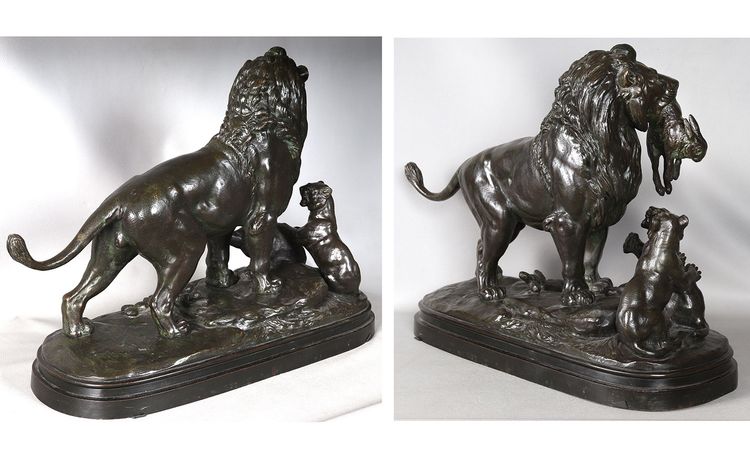 19th century bronze, signed: Edouard DELABRIERE, Lion, First Game