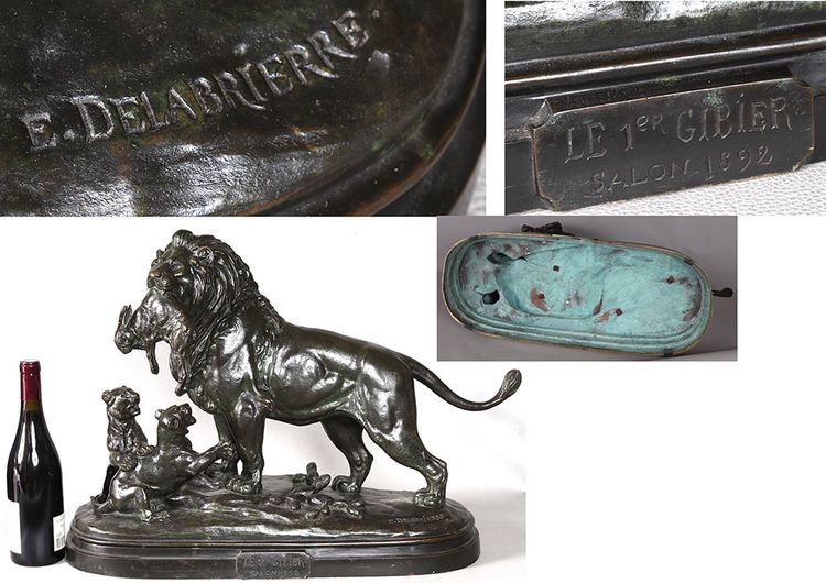 19th century bronze, signed: Edouard DELABRIERE, Lion, First Game