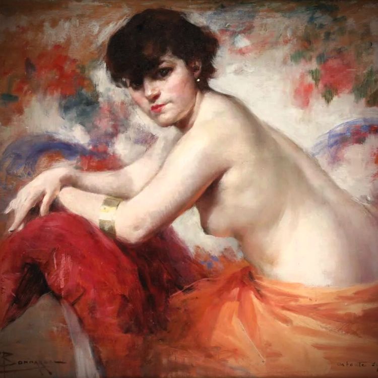 Dipinto ad olio figurativo francese antico di François Bonnardel, nudo, circa 1920, con cornice.