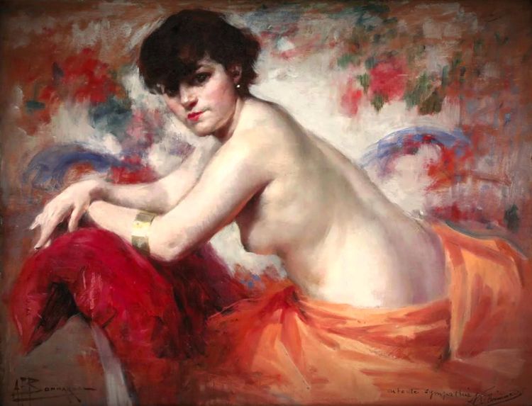 Dipinto ad olio figurativo francese antico di François Bonnardel, nudo, circa 1920, con cornice.
