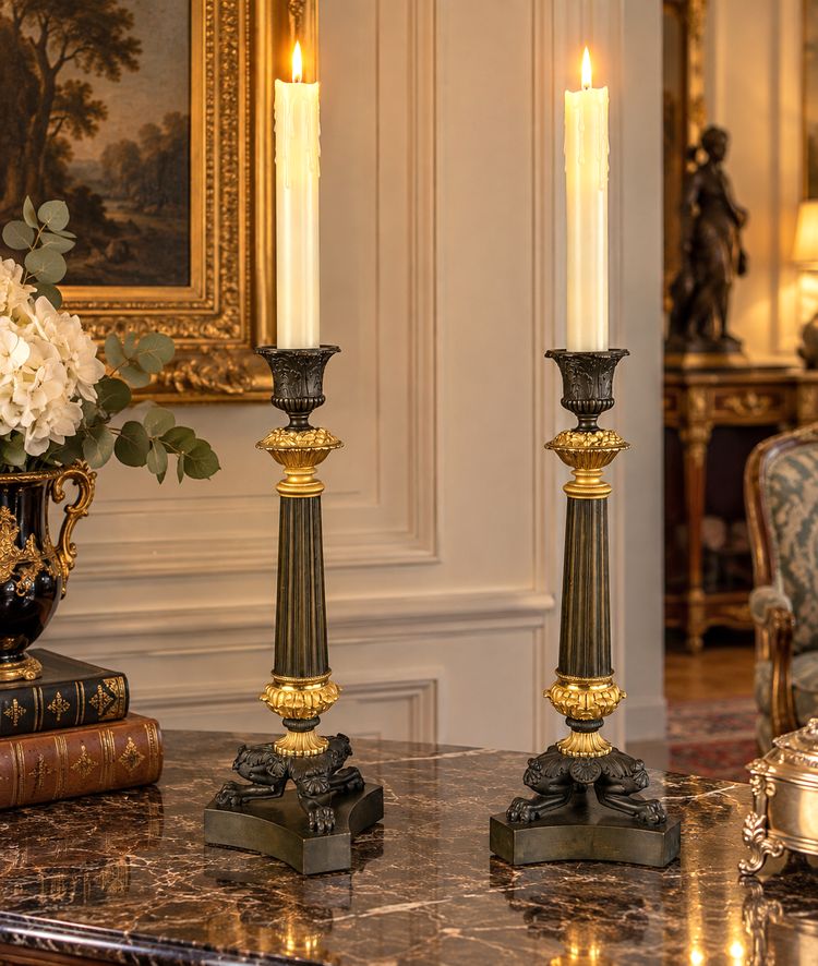 PAIRE DE FLAMBEAUX EMPIRE EN BRONZE PATINÉ ET DORÉ ( DORURE AU MERCURE )