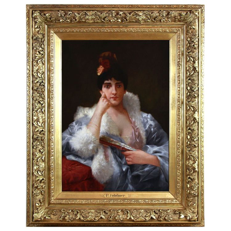 Ritratto antico belga del 1890 di P. Fehdmer, Donna con ventaglio, incorniciato.