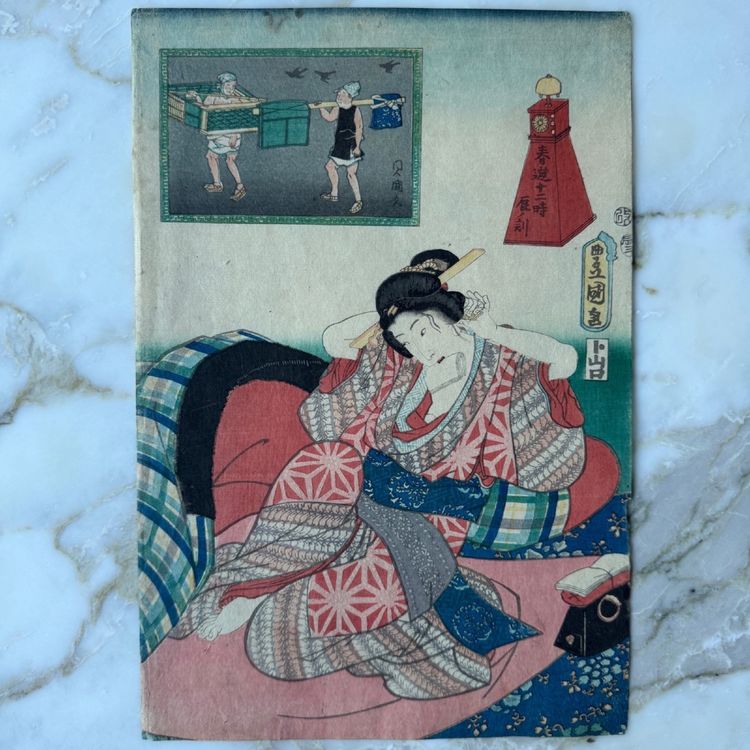Prima stampa giapponese di Toyokuni III Kunisada, donna a riposo