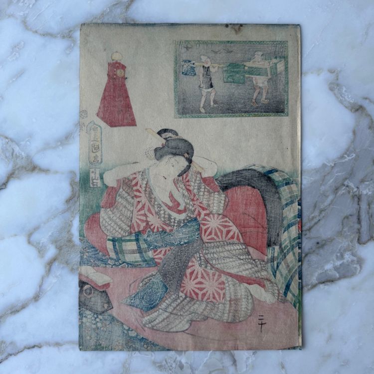 Prima stampa giapponese di Toyokuni III Kunisada, donna a riposo