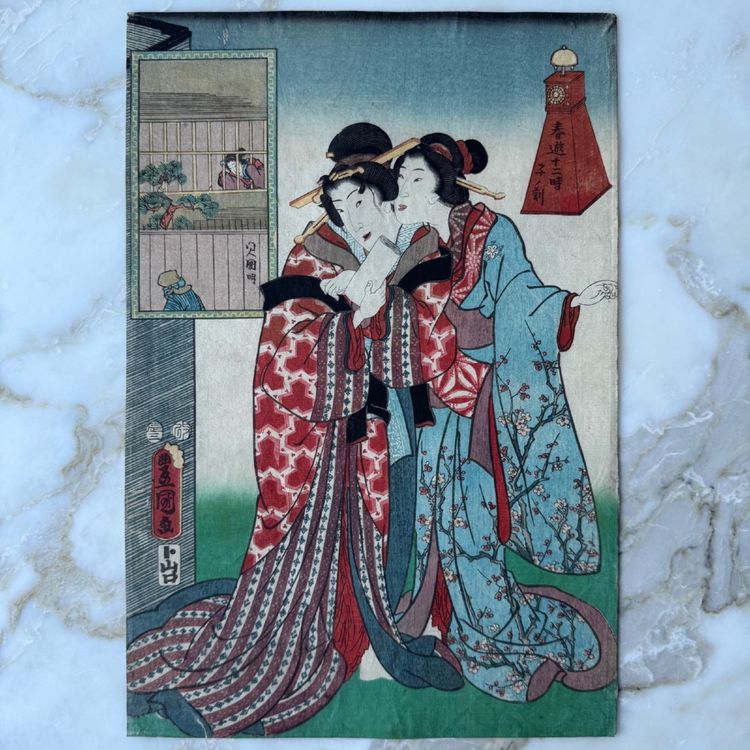 Stampa giapponese antica Toyokuni III Kunisada raffigurante due donne in kimono