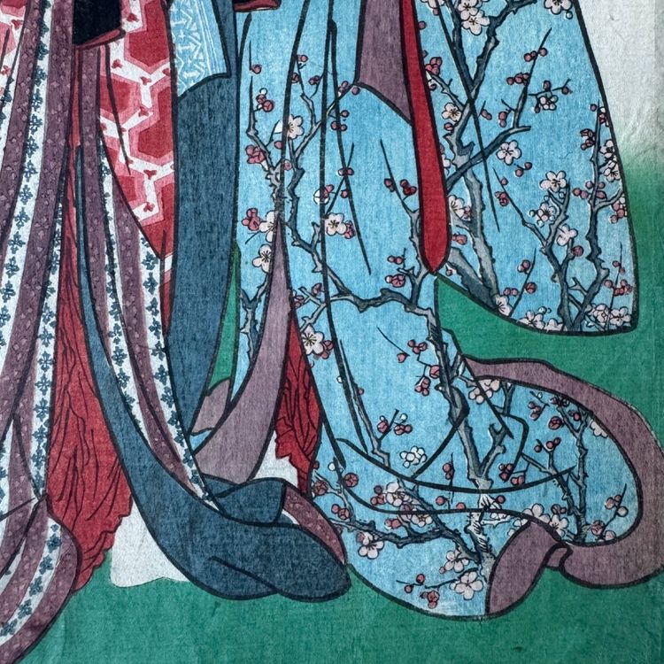 Stampa giapponese antica Toyokuni III Kunisada raffigurante due donne in kimono