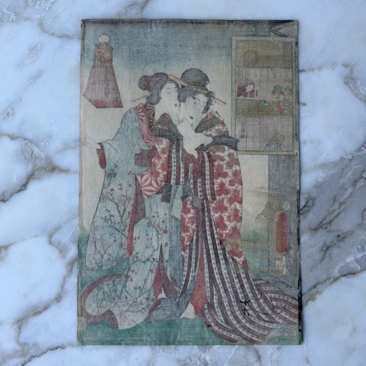 Stampa giapponese antica Toyokuni III Kunisada raffigurante due donne in kimono