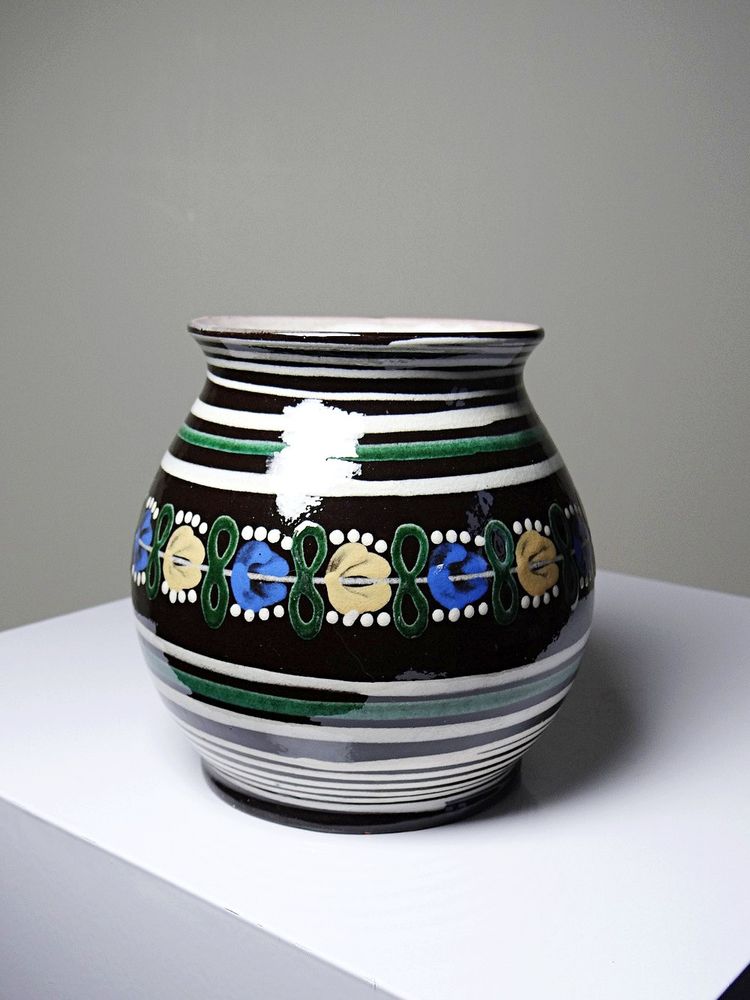 Kleine antike slowakische Vase aus Pozdišov aus glasierter Terrakotta, 1920er-1930er Jahre