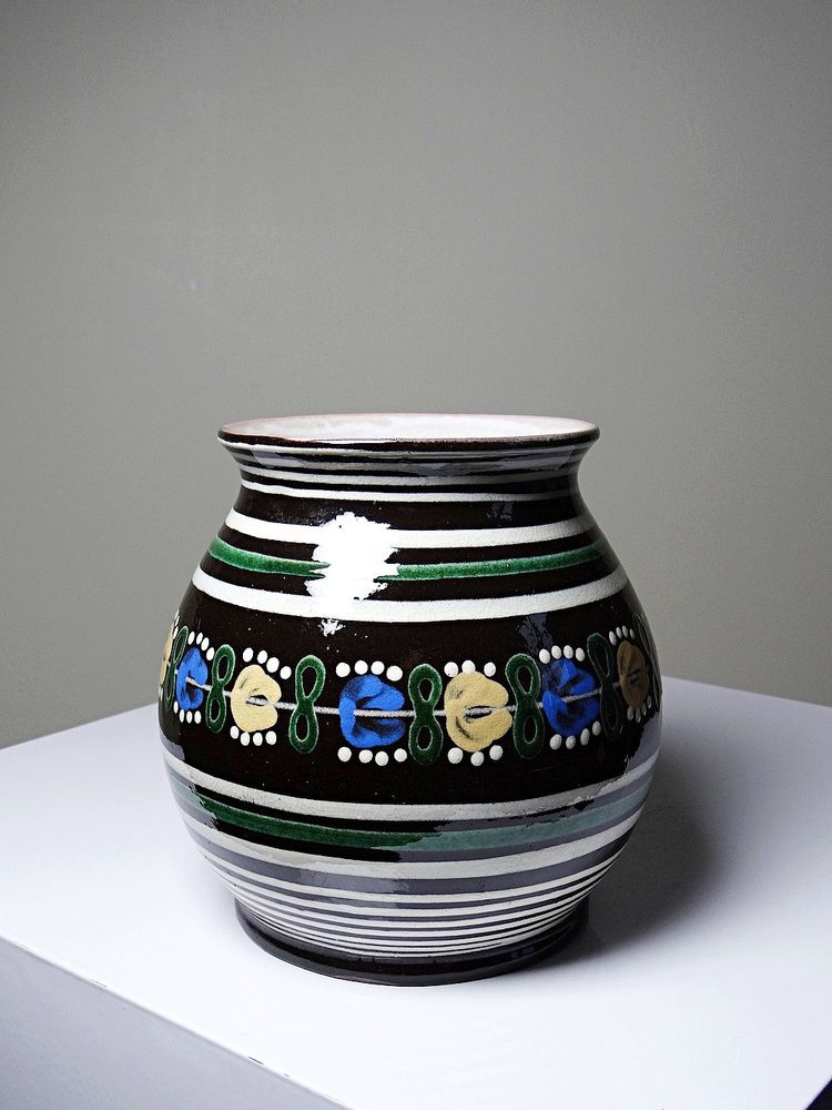 Kleine antike slowakische Vase aus Pozdišov aus glasierter Terrakotta, 1920er-1930er Jahre