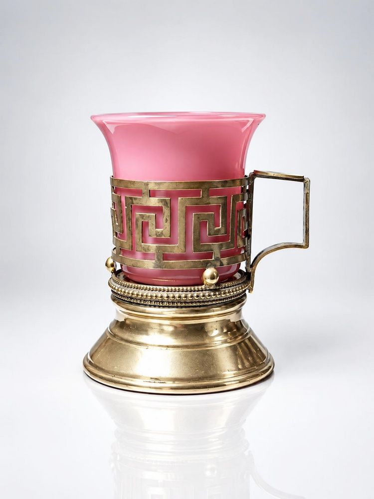 Antique pink opaline glass and gilt brass cup/candle holder, 19th century