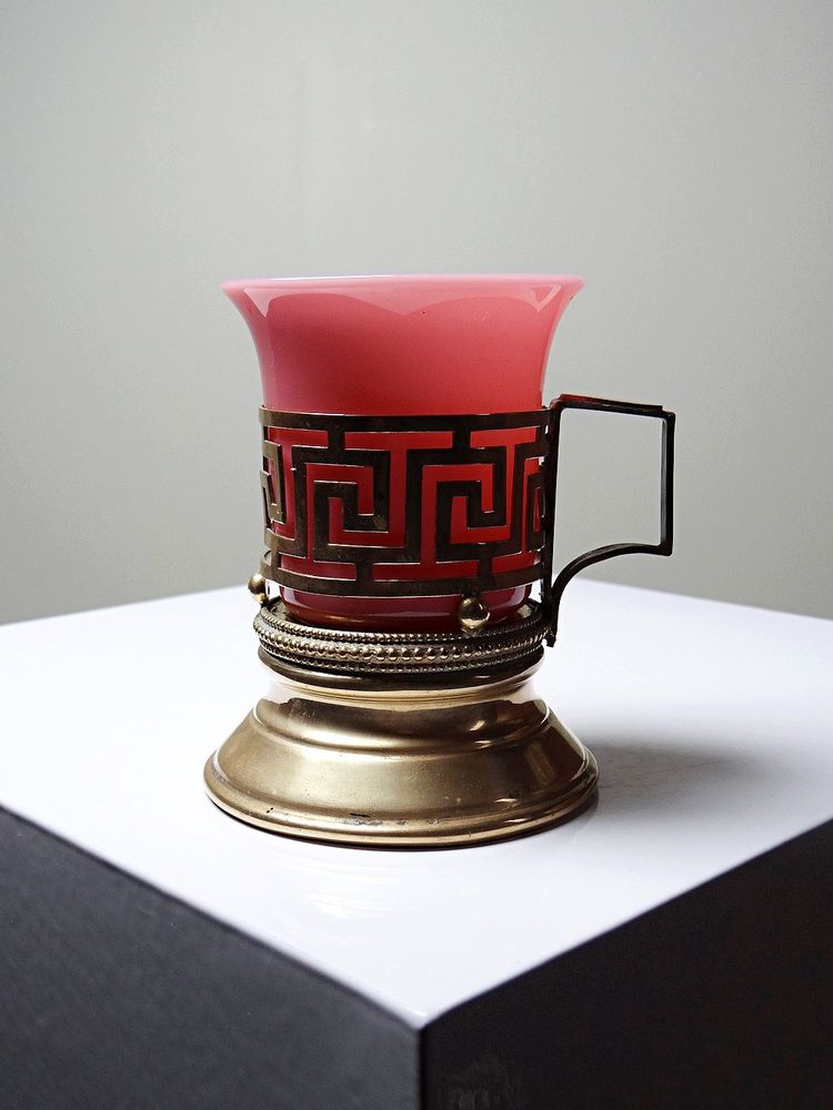 Antique pink opaline glass and gilt brass cup/candle holder, 19th century