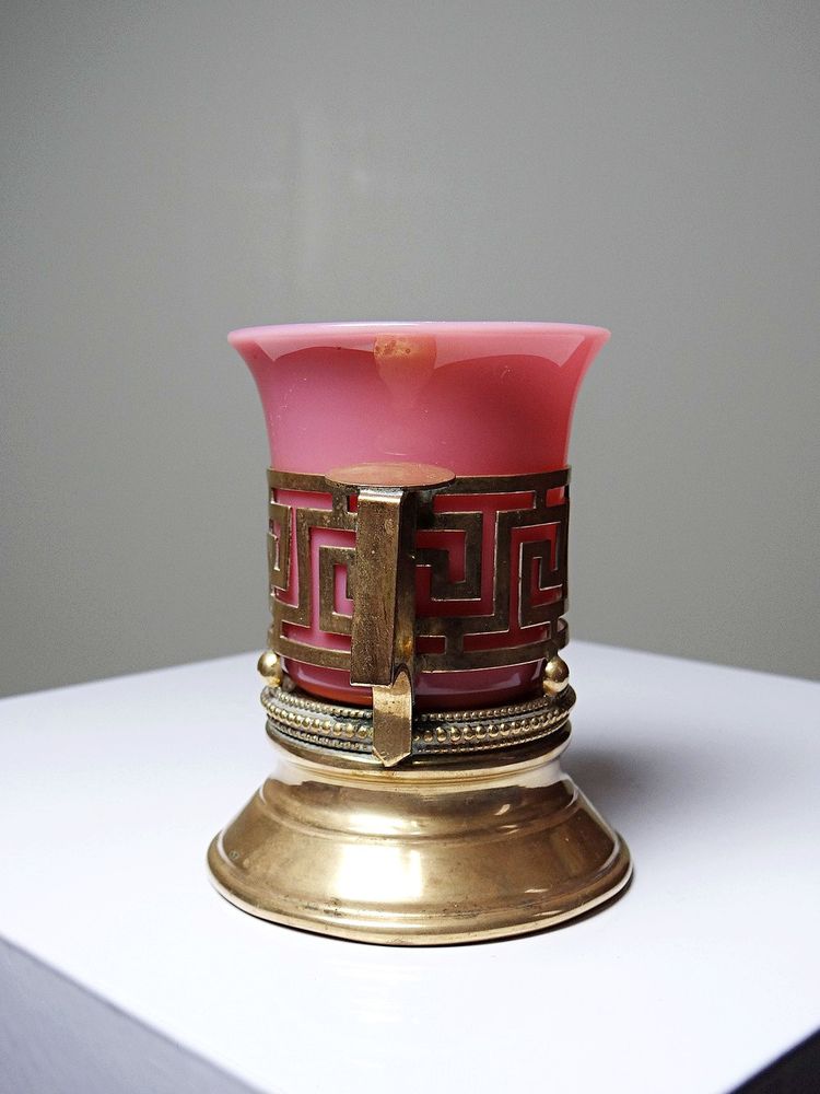 Antique pink opaline glass and gilt brass cup/candle holder, 19th century
